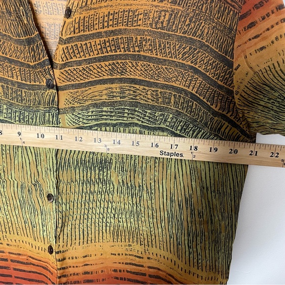 Chico's Design Sheer Long Sleeve Blouse Tunic Rayon Burnt Orange Tribal Print - Picture 12 of 16